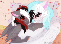 Size: 4907x3541 | Tagged: safe, artist:krissstudios, imported from derpibooru, oc, oc only, pegasus, pony, ear fluff, female, hug, mare, pillow, sheet