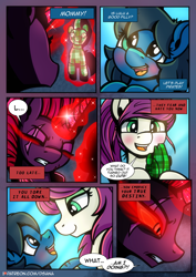 Size: 2480x3508 | Tagged: safe, artist:dsana, imported from derpibooru, tempest shadow, oc, oc:lullaby dusk, oc:thistledown, earth pony, pegasus, pony, unicorn, comic:a storm's lullaby, comic, female, filly, flashback, glowing eyes, glowing horn, high res, horn, mare, plushie, resisting, scar, tempest gets her horn back