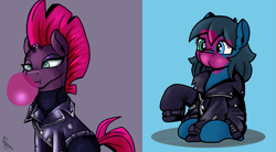 Size: 2029x1116 | Tagged: safe, artist:dsana, imported from derpibooru, tempest shadow, oc, oc:lullaby dusk, pegasus, pony, unicorn, comic:a storm's lullaby, broken horn, bubblegum, clothes, dsana is trying to murder us, female, filly, foal, food, gum, horn, jacket, leather jacket, mare, oversized clothes