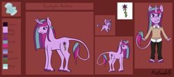 Size: 4514x2000 | Tagged: safe, artist:misskanabelle, imported from derpibooru, oc, oc only, oc:amethyst althaea, anthro, unguligrade anthro, unicorn, abstract background, anthro with ponies, base used, clothes, female, horn, leonine tail, mare, pants, reference sheet, signature, solo, unicorn oc