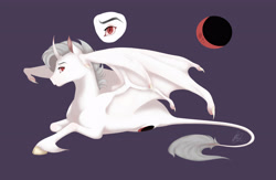 Size: 4000x2600 | Tagged: safe, artist:eperyton, imported from derpibooru, oc, oc only, alicorn, bat pony, bat pony alicorn, pony, bat pony oc, bat wings, crescent moon, curved horn, horn, leonine tail, lying down, male, moon, parent:princess luna, prone, purple background, red eyes, simple background, stallion, wings