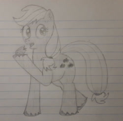 Size: 1280x1257 | Tagged: safe, artist:essentialsingularity, imported from derpibooru, applejack, pony, atg 2021, ear fluff, eating, female, food, herbivore, newbie artist training grounds, pencil drawing, raised hoof, strawberry, traditional art