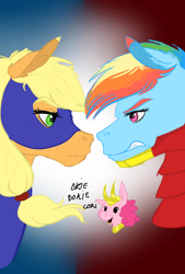 Size: 1080x1600 | Tagged: safe, artist:eperyton, imported from derpibooru, applejack, pinkie pie, rainbow dash, earth pony, pegasus, pony, abstract background, angry, bust, captain america, captain america: civil war, female, iron man, loki, mare, smiling