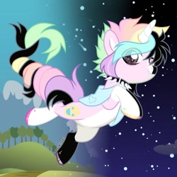 Size: 1080x1080 | Tagged: safe, artist:fluffponee, imported from derpibooru, oc, oc only, pony, unicorn, choker, clothes, coat markings, hoof polish, horn, male, multicolored hair, night, outdoors, rainbow hair, socks (coat markings), spiked choker, stallion, stars, unicorn oc