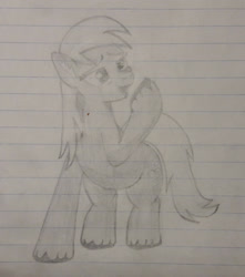 Size: 1280x1449 | Tagged: safe, artist:essentialsingularity, imported from derpibooru, derpy hooves, pegasus, pony, atg 2021, ear fluff, female, newbie artist training grounds, pencil drawing, raised hoof, sleepy, solo, traditional art, unshorn fetlocks, yawn