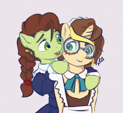 Size: 1000x917 | Tagged: safe, artist:drafthoof, imported from derpibooru, oc, oc only, oc:oil drop, oc:white spirit, pony, bipedal, blushing, braid, clothes, crossdressing, duo, glasses, green eyes, maid, necktie