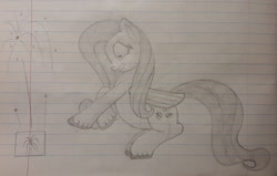 Size: 1280x814 | Tagged: safe, artist:essentialsingularity, imported from derpibooru, fluttershy, pegasus, pony, atg 2021, ear fluff, fireworks, newbie artist training grounds, pencil drawing, prancing, scared, solo, traditional art, unshorn fetlocks