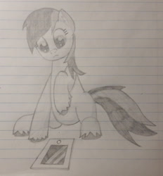 Size: 1280x1378 | Tagged: safe, artist:essentialsingularity, imported from derpibooru, roseluck, earth pony, pony, atg 2021, curious, ear fluff, female, newbie artist training grounds, pencil drawing, raised hoof, sitting, solo, tablet, traditional art, unshorn fetlocks