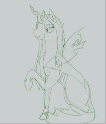 Size: 723x848 | Tagged: source needed, safe, artist:lawliet13, imported from derpibooru, queen chrysalis, changeling, changeling queen, pony, female, raised hoof, sitting, sketch, smiling, solo