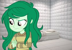 Size: 1283x890 | Tagged: safe, imported from derpibooru, wallflower blush, equestria girls, equestria girls series, forgotten friendship, angry, asylum, clothes, female, insane asylum, institutionalized, padded cell, punish the villain, solo, stock image, sweater