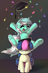 Size: 1059x1614 | Tagged: safe, artist:llametsul, imported from derpibooru, bon bon, lyra heartstrings, sweetie drops, earth pony, pony, unicorn, annoyed, armpits, atg 2021, bon bon is not amused, chest fluff, confetti, couple, cute, female, graduation cap, hat, horn, lesbian, lyrabon, mare, newbie artist training grounds, open mouth, open smile, shipping, smiling, sparkles, unamused, underhoof