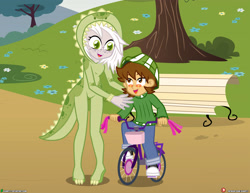 Size: 4000x3090 | Tagged: safe, artist:dieart77, imported from derpibooru, oc, oc only, oc:ferb fletcher, oc:fossil fluster, human, equestria girls, adult, animal costume, animal onesie, bicycle, child, clothes, costume, dinosaur costume, equestria girls oc, equestria girls-ified, female, kigurumi, onesie