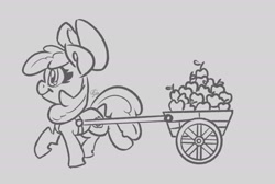 Size: 1898x1279 | Tagged: safe, artist:leadhooves, imported from derpibooru, apple bloom, earth pony, pony, adorabloom, apple, cart, cute, female, filly, food, grayscale, monochrome, solo, walking