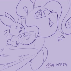 Size: 4096x4096 | Tagged: safe, artist:midnightpremiere, imported from derpibooru, angel bunny, fluttershy, pegasus, pony, rabbit, angel riding fluttershy, animal, cute, duo, female, flying, male, mare, monochrome, purple background, rabbits riding ponies, riding, shyabetes, simple background