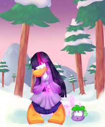 Size: 1500x1800 | Tagged: safe, artist:mini-chazz, imported from derpibooru, spike, twilight sparkle, bird, penguin, club penguin, crossover, crystal, female, male, pine tree, puffle, snow, tree