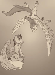 Size: 1280x1737 | Tagged: safe, artist:tenebrisnoctus, imported from derpibooru, fluttershy, rainbow dash, pegasus, pony, cloud, duo, female, flying, mare, on a cloud, sepia, sitting, sitting on a cloud, sitting on cloud, spread wings, wings