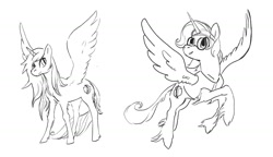 Size: 1553x894 | Tagged: safe, artist:spectralunicorn, imported from derpibooru, oc, oc only, oc:nyx, alicorn, classical unicorn, pony, unicorn, black and white, clothes, cloven hooves, female, filly, glasses, grayscale, leonine tail, monochrome, solo, spread wings, unshorn fetlocks, vest, wings