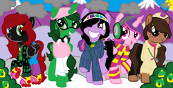 Size: 905x464 | Tagged: artist needed, safe, artist:samm56641, imported from derpibooru, oc, oc:samm56641, unnamed oc, alicorn, earth pony, pegasus, pony, unicorn, aunt arctic, base used, cadence (club penguin), clothes, club penguin, freckles, ponified, puffle handler, red and black oc