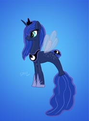 Size: 3000x4053 | Tagged: safe, artist:sarahthefox97, imported from derpibooru, princess luna, alicorn, pony, seapony (g4), blue background, clothes, crown, digital art, dorsal fin, eyelashes, female, fin wings, fish tail, green eyes, hoof shoes, horn, jewelry, regalia, seaponified, seapony luna, see-through, signature, simple background, smiling, solo, species swap, tail, wings