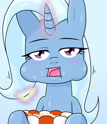 Size: 640x740 | Tagged: safe, artist:batipin, imported from derpibooru, trixie, pony, unicorn, food, open mouth, popcorn, solo