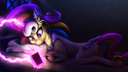 Size: 1536x864 | Tagged: safe, artist:calena, imported from derpibooru, oc, oc only, oc:trinity deblanc (new), crystal pony, original species, unicorn, adorable face, bed, cellphone, crystal, crystal horn, cute, ear piercing, earbuds, frog (hoof), headphones, hooves, horn, jewelry, light, lying down, magic, male, multicolored hair, multicolored mane, multicolored tail, new design, night, original character do not steal, phone, piercing, pillow, redesign, smartphone, solo, underhoof, window