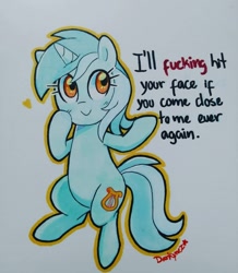 Size: 1080x1240 | Tagged: safe, artist:darkynez, imported from derpibooru, lyra heartstrings, pony, unicorn, :>, cute, dissonant caption, female, solo, text, threat, traditional art, vulgar