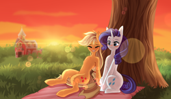 Size: 3080x1768 | Tagged: safe, artist:maybeweed, imported from derpibooru, applejack, rarity, earth pony, pony, unicorn, blushing, chest fluff, evening, eyes closed, female, lesbian, rarijack, shipping, sunset, tree