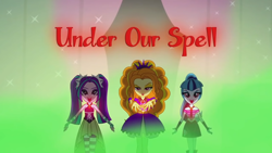 Size: 1280x720 | Tagged: safe, imported from derpibooru, screencap, adagio dazzle, aria blaze, sonata dusk, equestria girls, rainbow rocks, female, gem, siren gem, sleeveless, the dazzlings, title card, trio, trio female, under our spell, youtube link