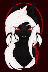 Size: 1600x2400 | Tagged: safe, artist:bananasplitedy, artist:lickedrainbows, imported from derpibooru, oc, oc:midnight ruby, bat pony, bat pony oc, bust, chest fluff, eye clipping through hair, fangs, fluffy, looking at you, red eyes, spread wings, white mane, wings