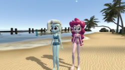 Size: 1280x720 | Tagged: safe, artist:dorgarica, imported from derpibooru, pinkie pie, trixie, human, equestria girls, 3d, barefoot, beach, clothes, duo, duo female, feet, female, lesbian, shipping, source filmmaker, swimsuit, trixiepie