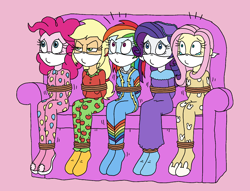 Size: 1768x1351 | Tagged: safe, artist:bugssonicx, imported from derpibooru, applejack, fluttershy, pinkie pie, rainbow dash, rarity, equestria girls, bondage, bound and gagged, cloth gag, clothes, couch, emanata, footed sleeper, footie pajamas, freshman, gag, help us, humane five, nightgown, onesie, otn gag, over the nose gag, pajamas, rainbond dash, rope, rope bondage, sitting, sleep mask, sleepover, slumber party, teary eyes, tied up, younger