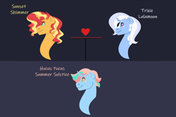 Size: 1280x854 | Tagged: safe, artist:itstechtock, imported from derpibooru, sunset shimmer, trixie, oc, oc:hocus pocus summer solstice, pony, unicorn, family tree, headcanon in the description, horn, magical lesbian spawn, offspring, parent:sunset shimmer, parent:trixie, parents:suntrix, story included, unicorn oc