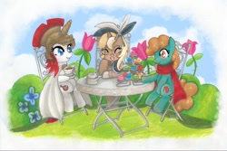 Size: 1000x667 | Tagged: artist needed, safe, artist:bronyfair, artist:bronyscot, artist:buckcon, imported from derpibooru, oc, oc:britannia, oc:nessie (bronyscot), oc:unity (brony fair), afternoon tea, b.u.c.k., brony fair, bronyscot, day, mascot, sitting, tea party, trio