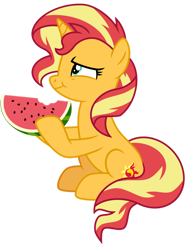 Size: 1024x1357 | Tagged: safe, artist:emeraldblast63, imported from derpibooru, sunset shimmer, pony, unicorn, eating, female, food, herbivore, mare, simple background, sitting, solo, transparent background, watermelon