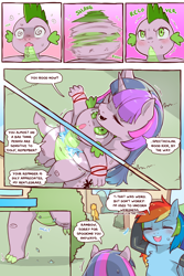 Size: 960x1440 | Tagged: safe, artist:cold-blooded-twilight, imported from derpibooru, carrot top, golden harvest, rainbow dash, spike, twilight sparkle, pegasus, semi-anthro, cold blooded twilight, comic:cold storm, bipedal, comic, dialogue, eyes closed, female, glow, glowing, head shake, ice, mare, open mouth, speech bubble, sweat, wet, wet mane