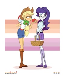 Size: 850x991 | Tagged: safe, artist:moondreewed, imported from derpibooru, applejack, rarity, human, equestria girls, apple, basket, bouquet, bouquet of flowers, clothes, eyeshadow, female, flower, food, lesbian, lesbian pride flag, makeup, picnic basket, pride, pride flag, rarijack, shipping, simple background