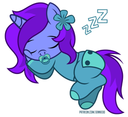 Size: 1200x1096 | Tagged: safe, artist:jennieoo, imported from derpibooru, oc, oc only, oc:aliss, pony, unicorn, clothes, flower, footed sleeper, footie pajamas, onesie, pacifier, pajamas, show accurate, simple background, sleeping, solo, transparent background, vector