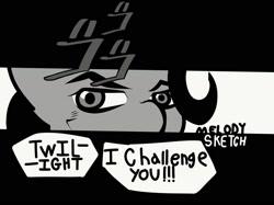 Size: 1528x1140 | Tagged: safe, artist:melodysketch, imported from derpibooru, trixie, pony, unicorn, black and white, grayscale, is that a jojo reference?, jojo reference, jojo's bizarre adventure, looking at you, manga style, monochrome, offscreen character, signature, solo, speech bubble