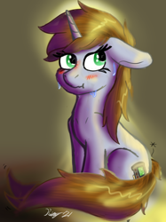 Size: 5140x6861 | Tagged: safe, alternate version, artist:kalashnikitty, imported from derpibooru, oc, oc:littlepip, pony, unicorn, fallout equestria, :t, blushing, female, floppy ears, implied insertion, implied vaginal insertion, looking away, mare, pain star, sitting, solo, sweat, sweatdrops