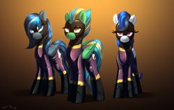 Size: 3000x1900 | Tagged: safe, artist:shido-tara, imported from derpibooru, oc, oc only, oc:paperweight, oc:rainshadow, oc:vindicado, pegasus, pony, clothes, commission, costume, latex, latex suit, pegasus oc, shadowbolts, shadowbolts costume, simple background, wings