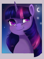 Size: 2468x3240 | Tagged: safe, artist:saphypone, imported from derpibooru, twilight sparkle, pony, unicorn, bust, cute, female, high res, looking up, mare, moon, night, portrait, signature, sky, smiling, solo, stars, twiabetes, unicorn twilight