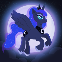 Size: 3300x3300 | Tagged: safe, artist:saphypone, imported from derpibooru, princess luna, alicorn, pony, cloud, female, high res, jewelry, mare, moon, night, regalia, solo, stars