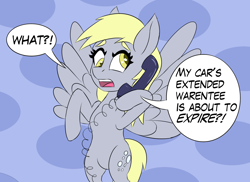 Size: 1500x1094 | Tagged: safe, artist:sufficient, imported from derpibooru, derpy hooves, pony, abstract background, dialogue, phone, scam, solo, speech bubble, spread wings, this will end in bankruptcy, this will end in tears, wings