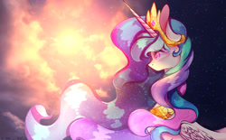 Size: 1280x795 | Tagged: safe, artist:mochimi92, imported from derpibooru, princess celestia, alicorn, pony, cloud, night, profile, sky, solo, stars, sun