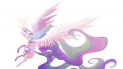 Size: 1280x721 | Tagged: safe, artist:mochimi92, imported from derpibooru, princess celestia, alicorn, pony, female, floppy ears, flying, glowing horn, horn, mare, profile, simple background, solo, spread wings, white background, wings