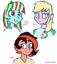 Size: 500x563 | Tagged: safe, artist:catachromatic, imported from derpibooru, oc, oc only, oc:candy canter, oc:coz, oc:hollyhock, equestria girls, blushing, colored sketch, ear blush, equestria girls-ified, female, freckles, heterochromia, male, simple background, white background