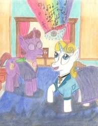 Size: 1146x1466 | Tagged: safe, artist:pianoflagerag, imported from derpibooru, oc, oc only, oc:guiding light, oc:starlight oath, pony, unicorn, atg 2021, clothes, diploma, father and child, father and daughter, female, glowing horn, graduation, happy, horn, magic, magic aura, male, music notes, newbie artist training grounds, pride, quill, robe, school, stage