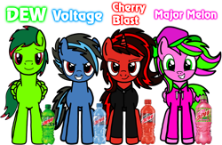 Size: 2000x1306 | Tagged: safe, artist:mrstheartist, imported from derpibooru, earth pony, food pony, original species, pegasus, pony, soda pony, unicorn, baseball cap, black outlines, bottle, bright colours, cap, clothes, determined, food, front view, grin, hat, hoodie, mountain dew, piercing, ponified, smiling