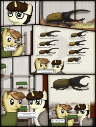 Size: 1750x2333 | Tagged: safe, artist:99999999000, imported from derpibooru, oc, oc only, oc:cwe, oc:zhang cathy, beetle, earth pony, insect, pony, rhinoceros beetle, unicorn, comic:visit, clothes, comic, female, glasses, hercules beetle, male