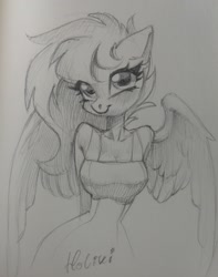 Size: 1488x1886 | Tagged: safe, artist:holivi, imported from derpibooru, oc, oc only, anthro, pegasus, arm behind back, breasts, cleavage, clothes, cute, dress, female, grayscale, mare, monochrome, pencil drawing, signature, smiling, solo, sundress, traditional art